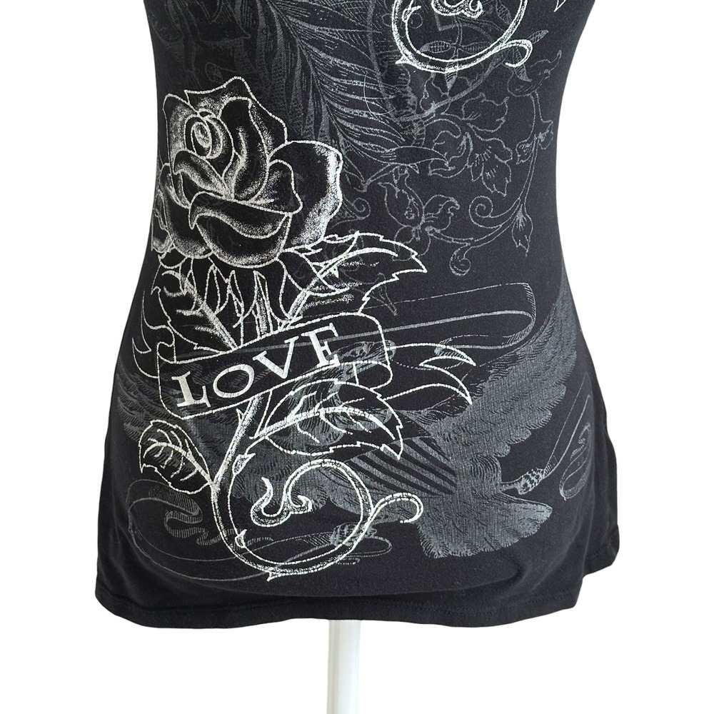 Y2K Tattoo Graphic Rose Love Rhinestone Black Short Sleeve Tee Shirt Women S - Picture 5 of 8